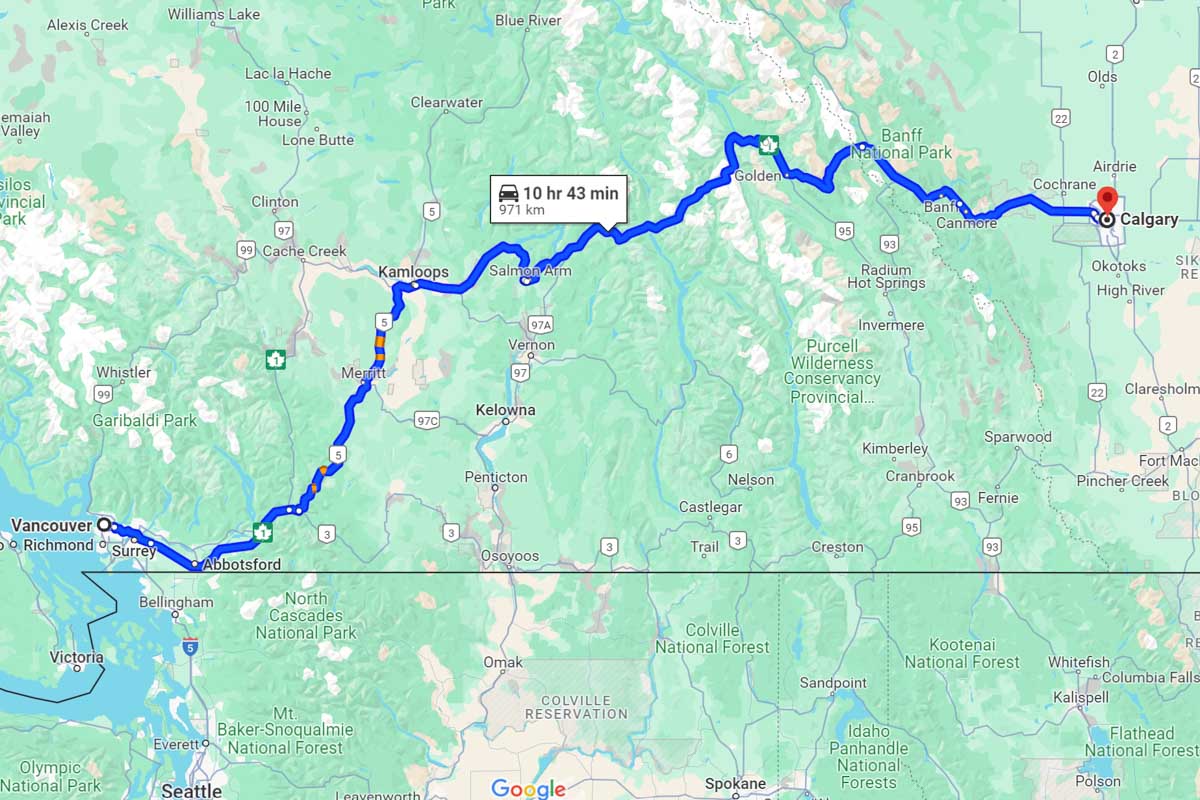 Vancouver to Calgary road trip map Canada