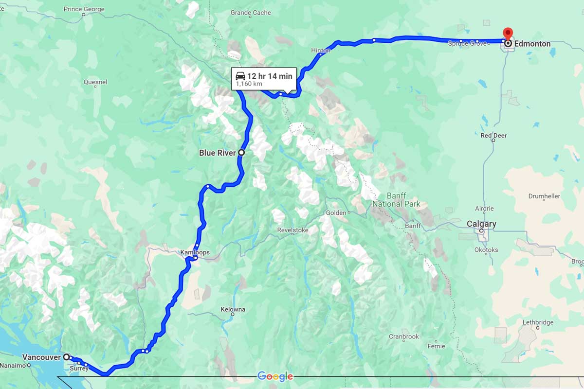 Vancouver to Edmonton road trip map Canada
