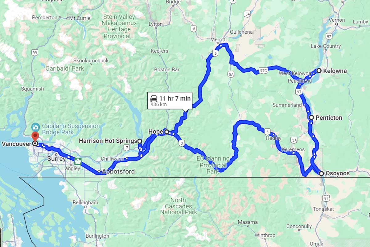 Vancouver to Harrison Hot Springs to Osoyoos to Penticton to Kelowna to Hop back to Vancouver road trip map