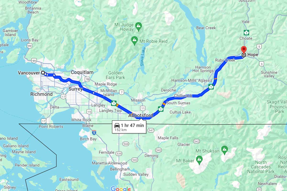 Vancouver to Hope road trip map Canada