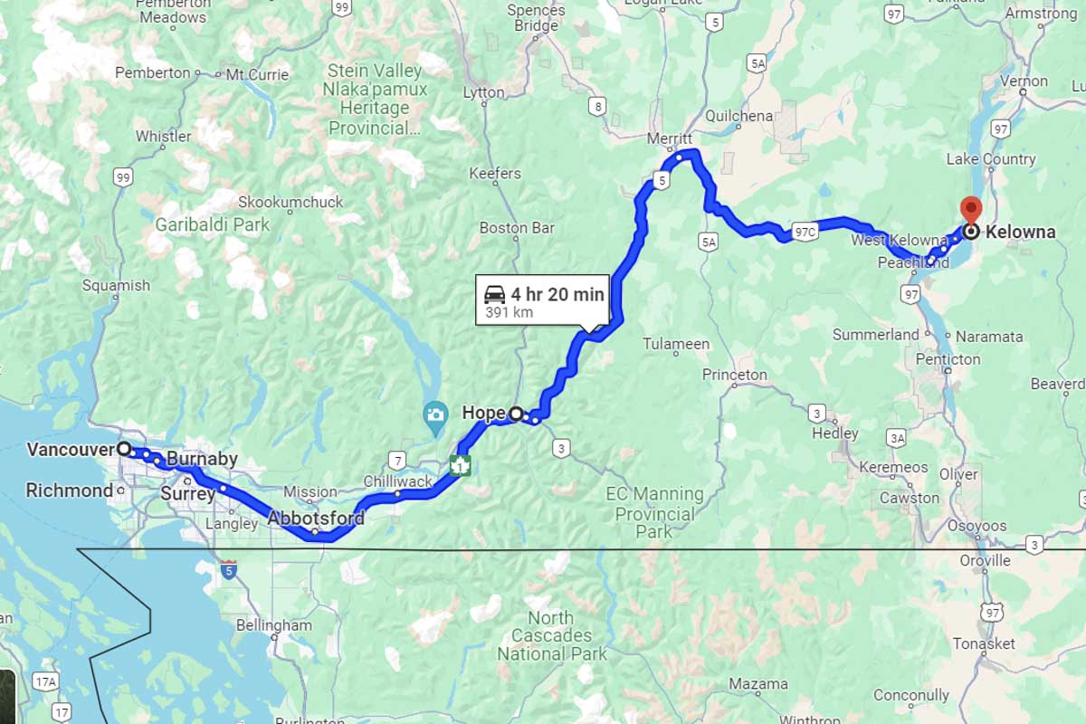 Vancouver to Kelowna road trip map
