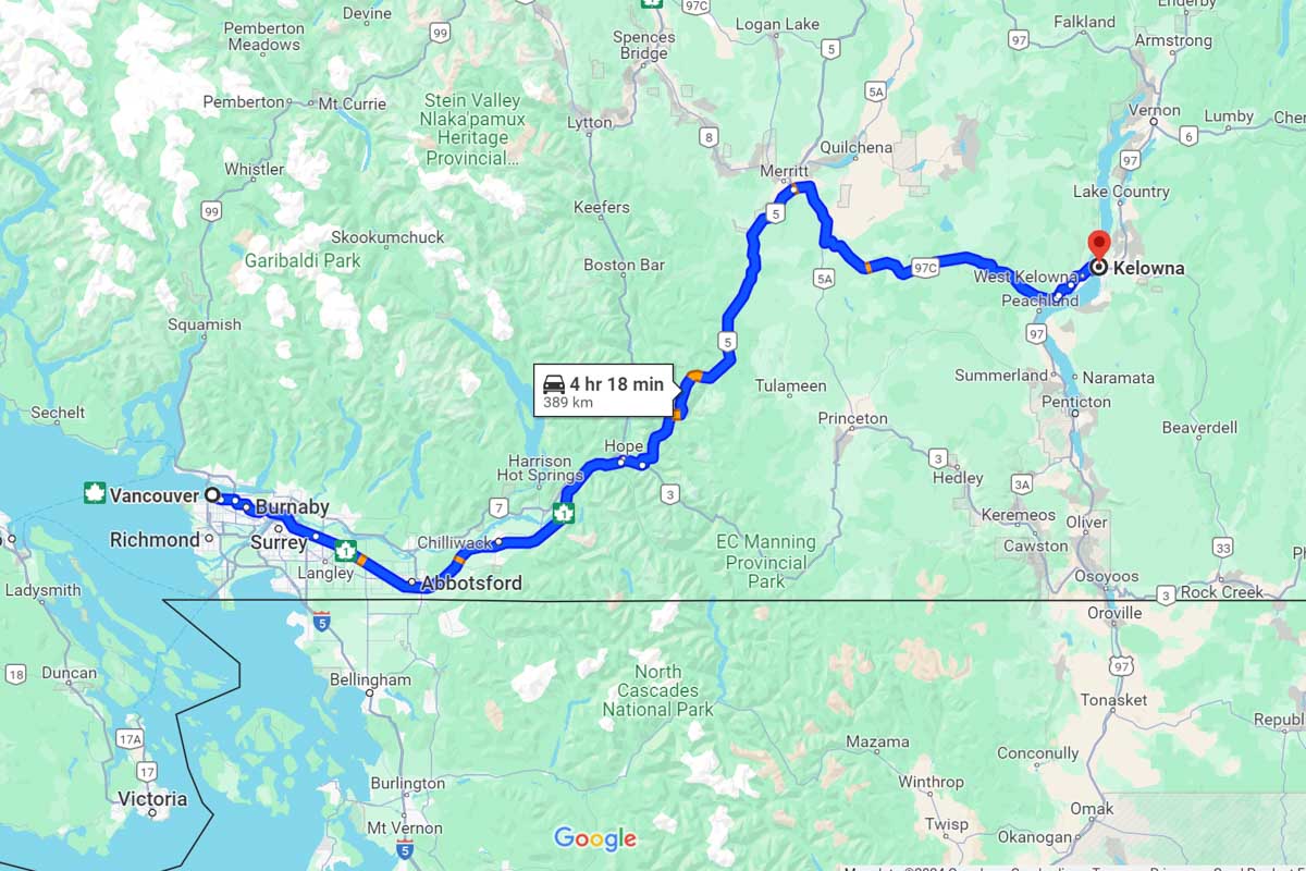 Vancouver to Kelowna road trip map Canada