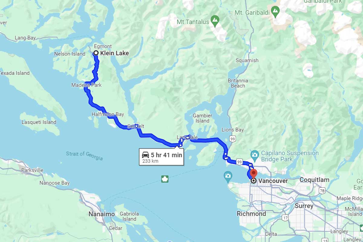 Vancouver to Klein Lake back to vancouver road trip map