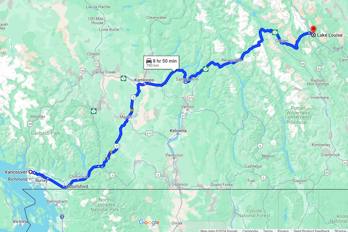 Vancouver to Lake Louise road trip map Canada