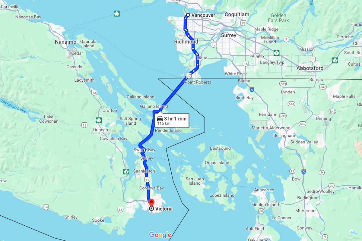 Vancouver to Victoria road trip map Canada