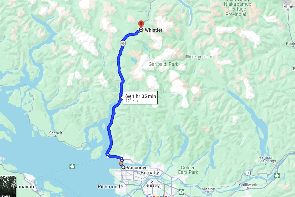 Vancouver to Whistler road trip map