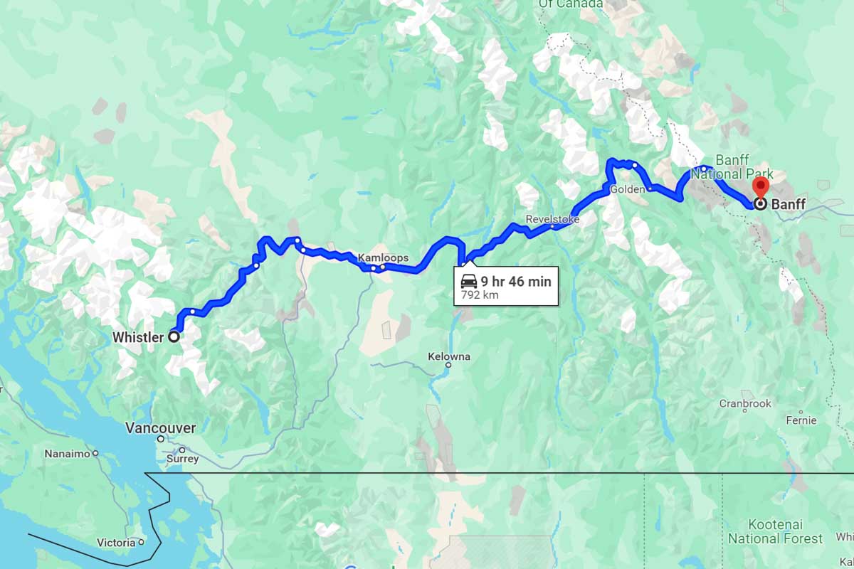 Whistler to Banff road trip map Canada