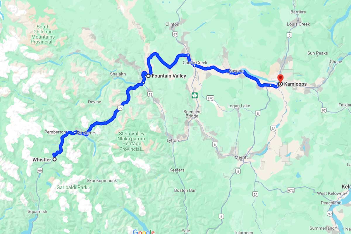 Whistler to Kamloops road trip map Canada