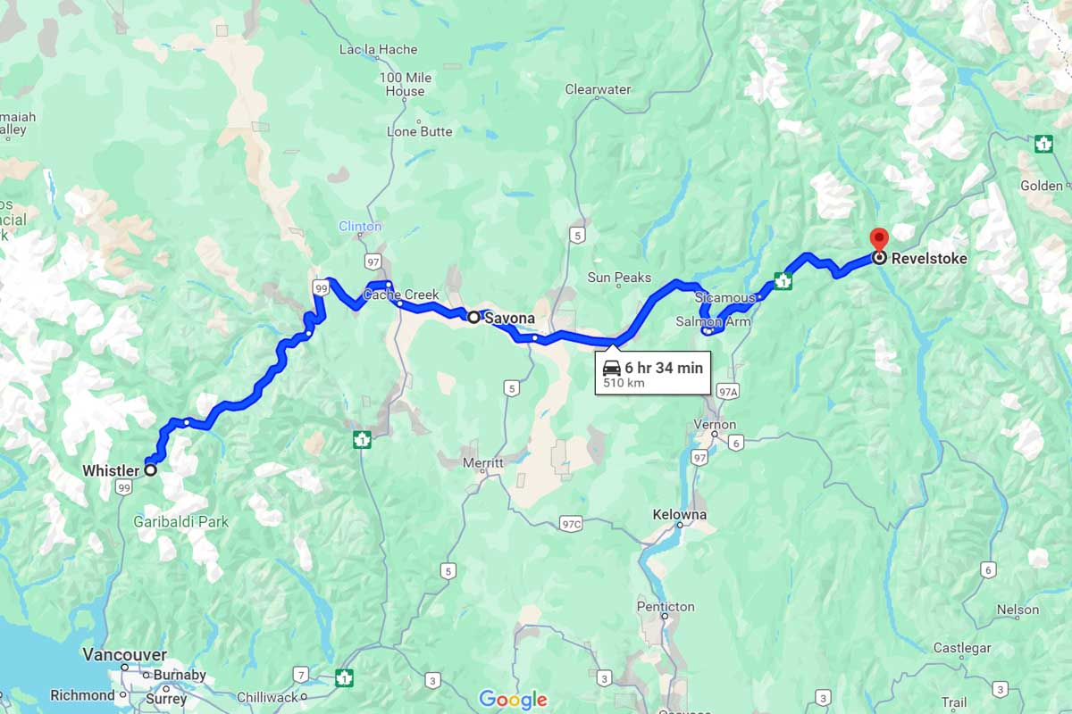 Whistler to Revelstoke road trip map Canada