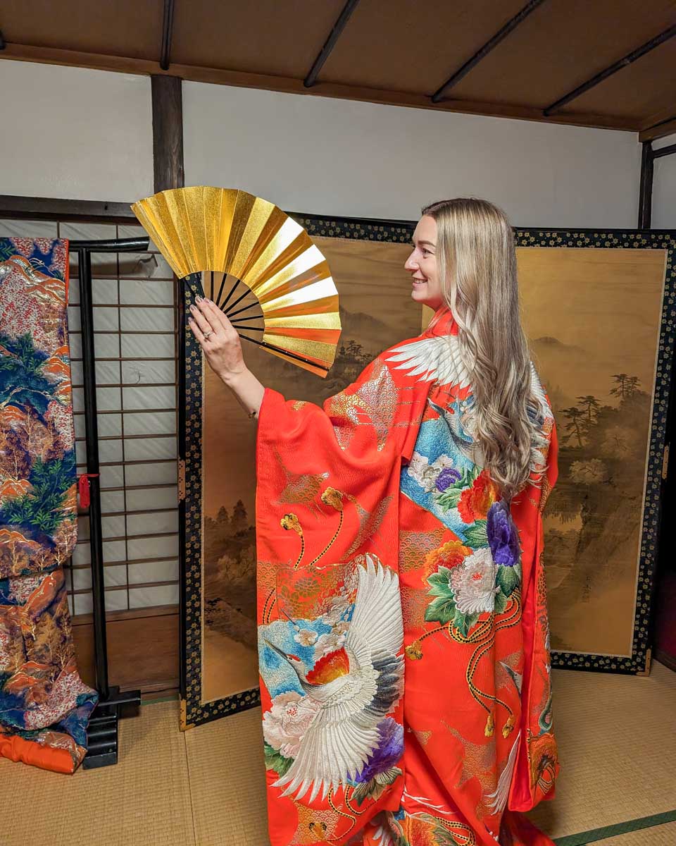 Bailey in a kimono on a klook tour in Japan