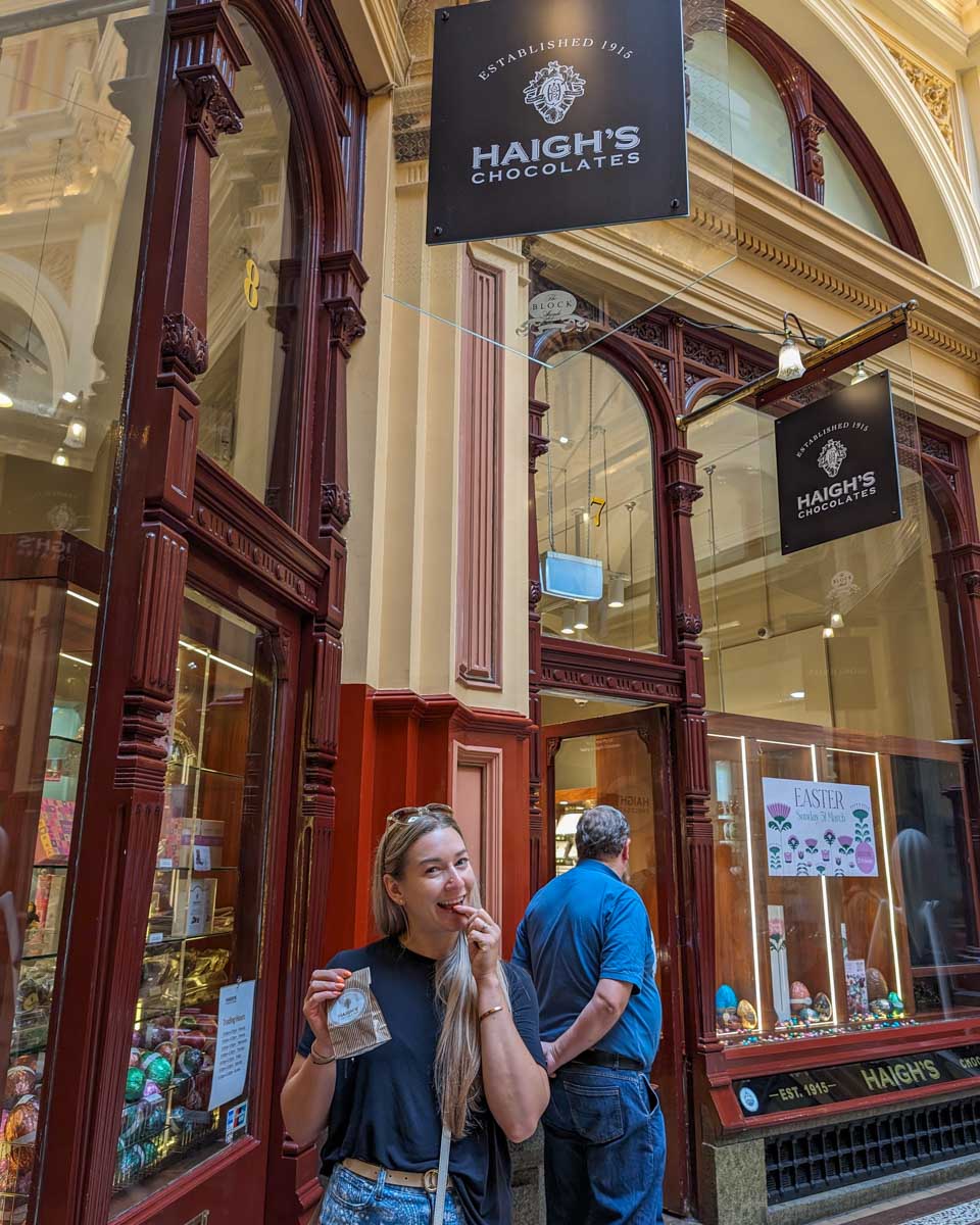 Bailey tastes Haigh’s Chocolate in Melbourne Australia on a guided tou