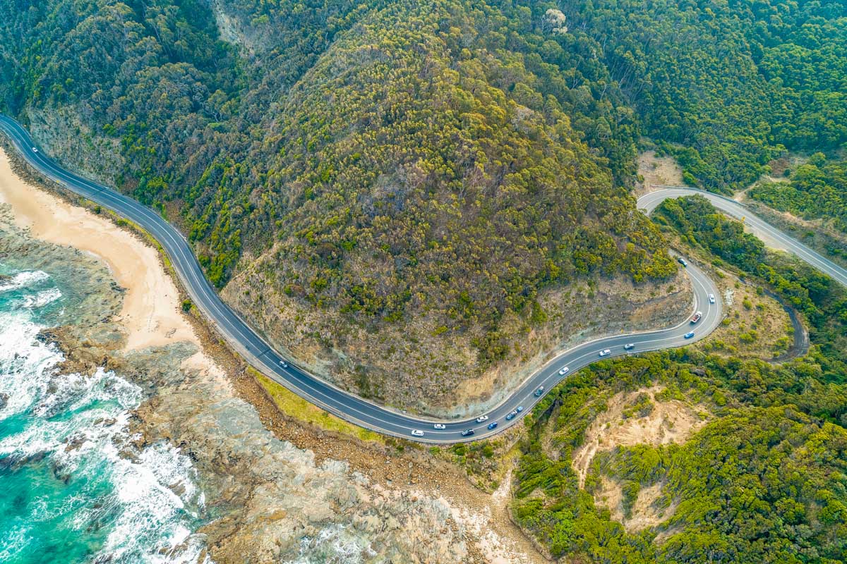 A view of the Great Ocean Road from the sky