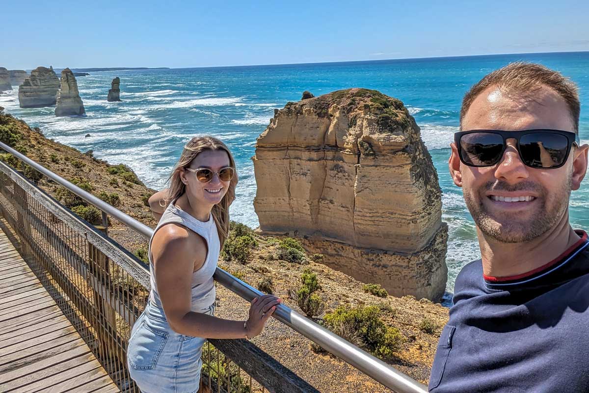 Bailey and Daniel take a selfie at the Twelve Apostles on the Great Ocean Road