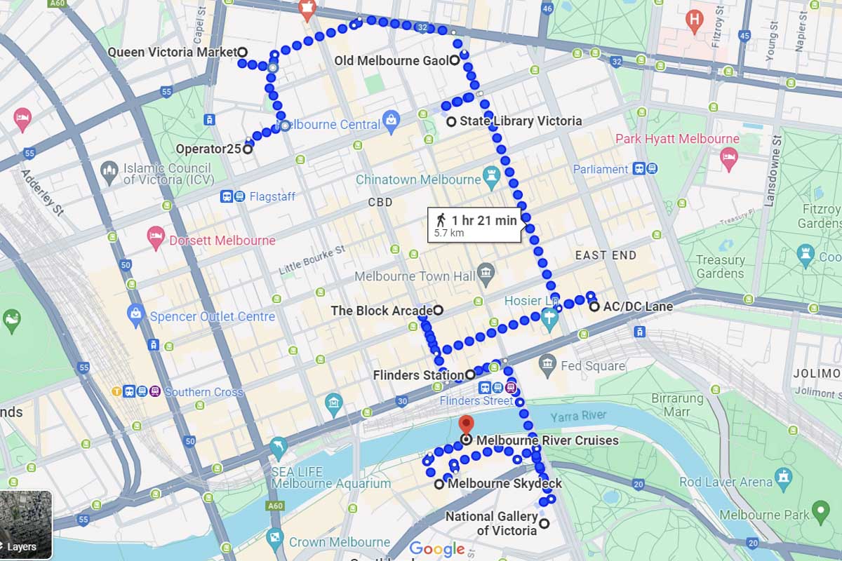 Map of the Melbourne CBD itinerary with all the best stops