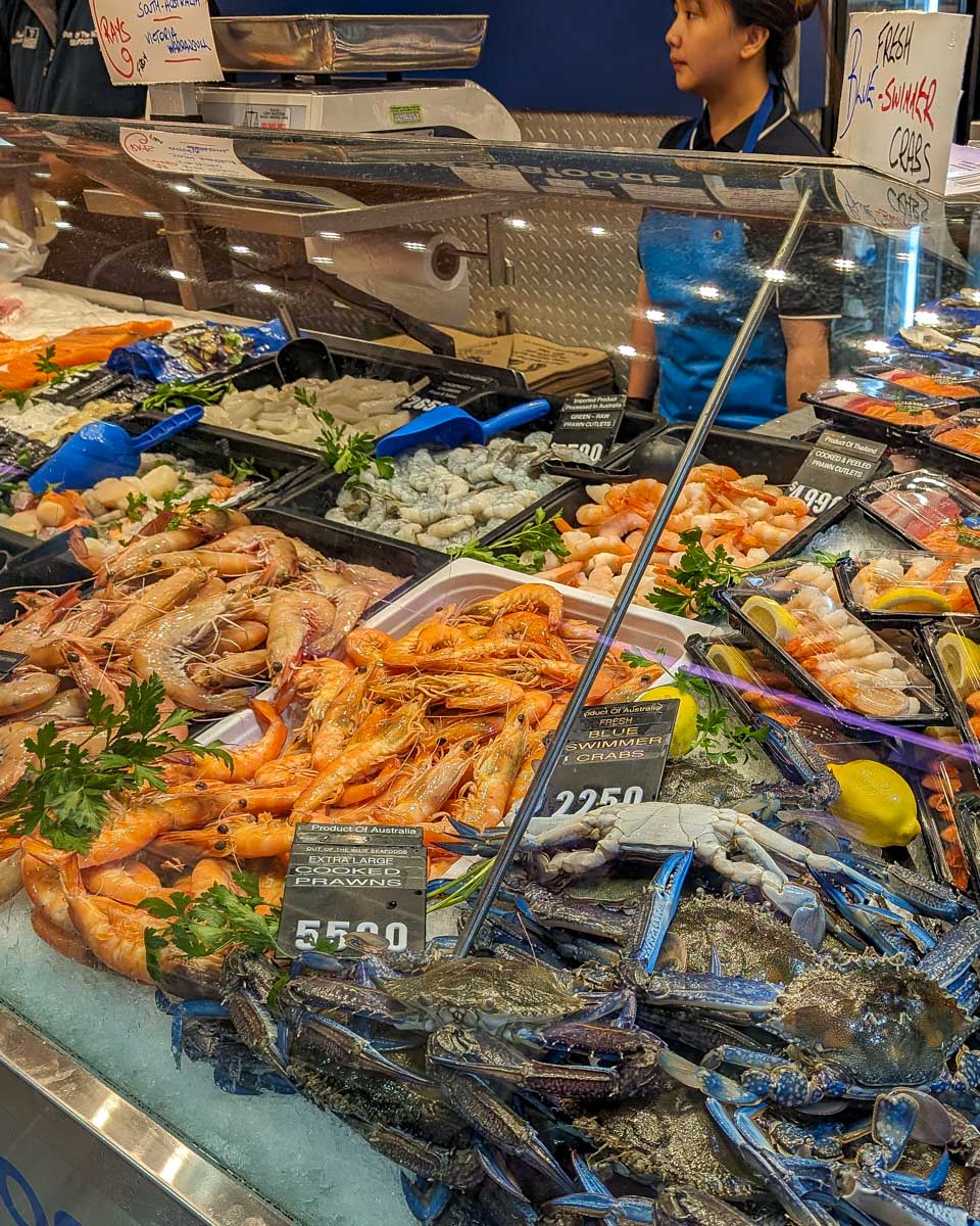 Side shot of seafood at the Queen Victoria Market in Melbourne Australia