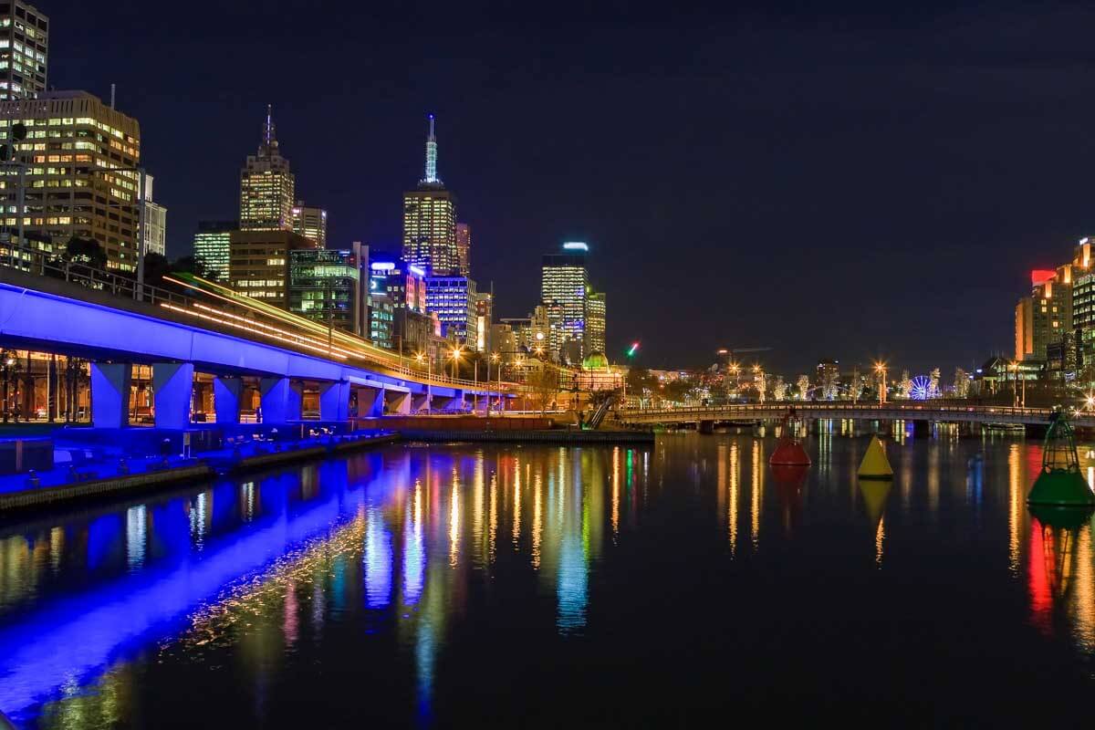 The Yarra River and downtown Melbourne Australia at night