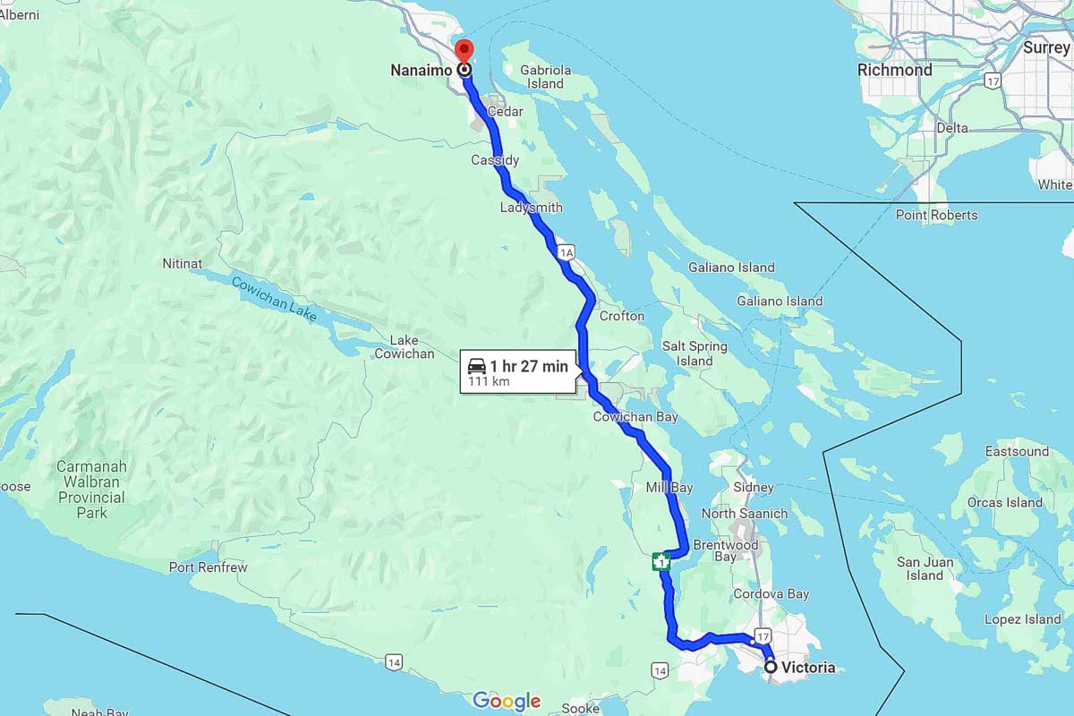 Victoria to Nanaimo road trip map Canada British Columbia