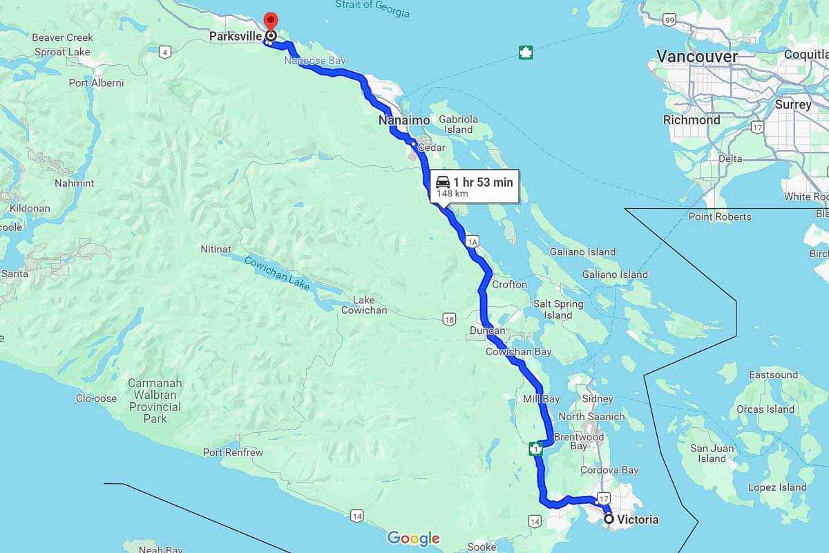 Victoria to Parksville roadtrip map Canada British Columbia