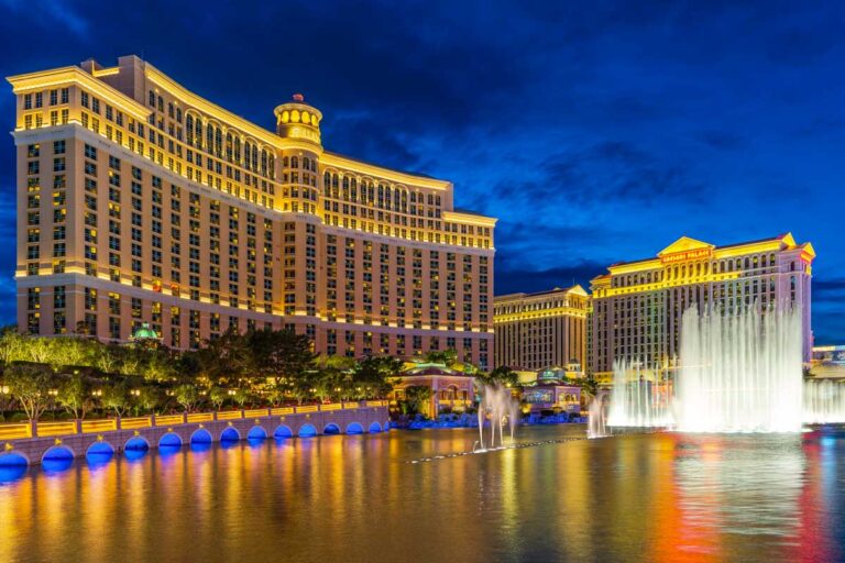 A panorama photo of a hotel in Las Vegas Nevada United States at night