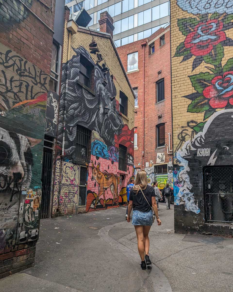 Bailey on a private tour in melbourne australia walking through an alley