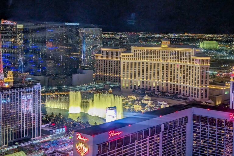Bellagio fountain shooting off seen from the High Roller Las Vegas