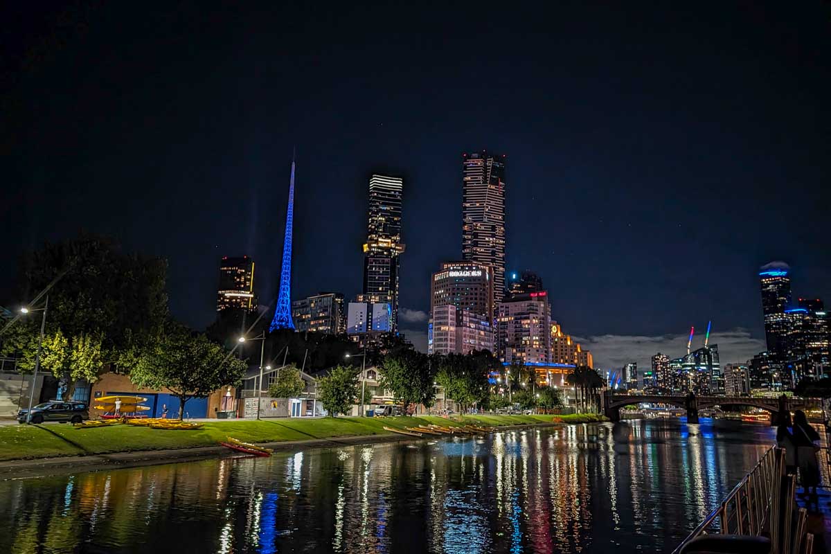 Melbourne lit up on the Yarra river at night in Melbourne Australia