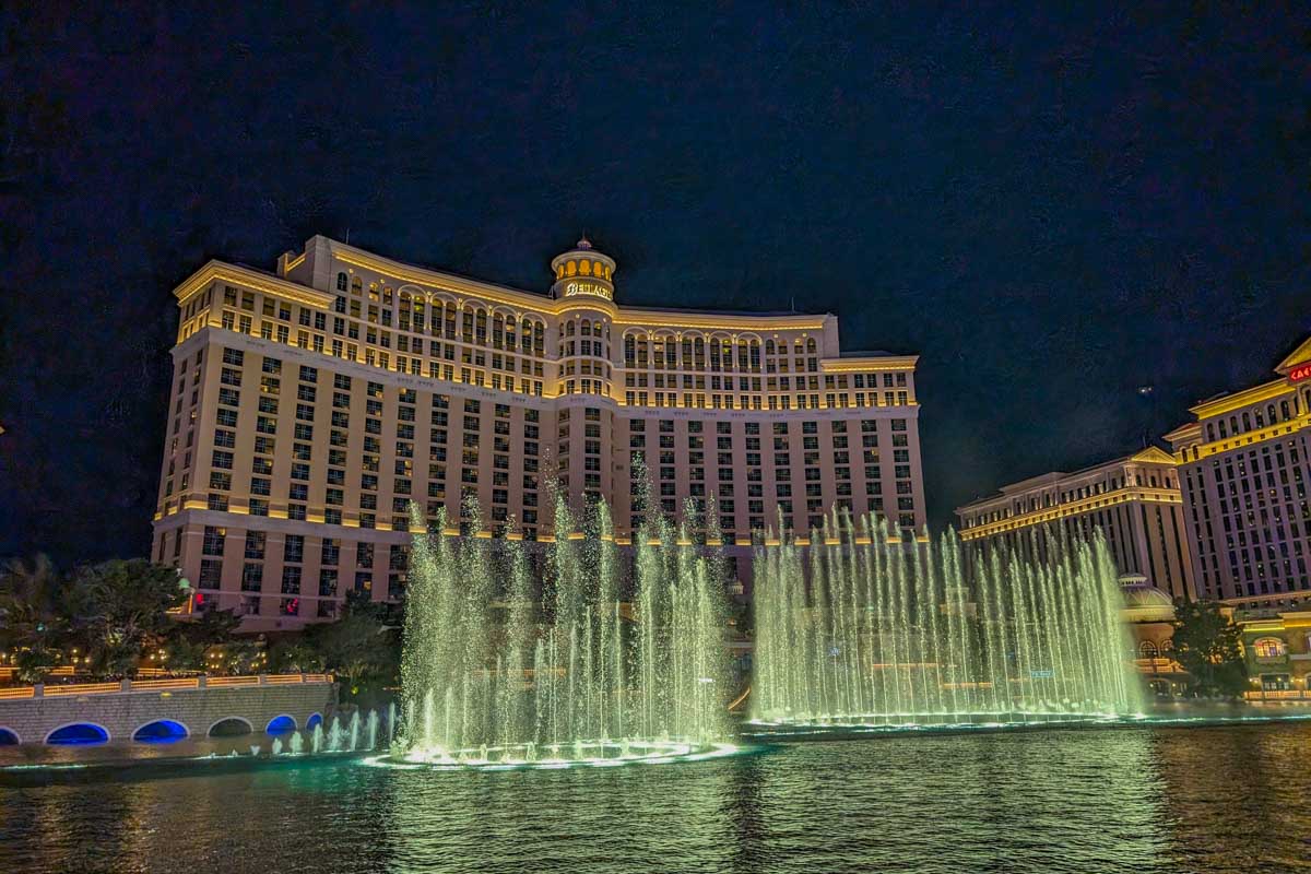 The Bellagio Fountain at night lit up in Las Vegas USA
