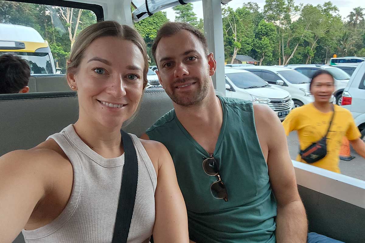Bailey and Daniel take a selfie in Lempuyang temple parking lot Bali