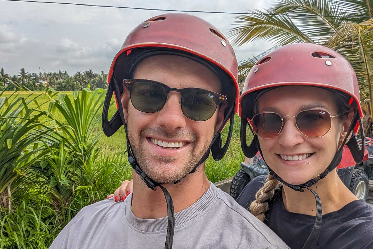 Bailey and Daniel take a selfie on an ATV tour in Bali