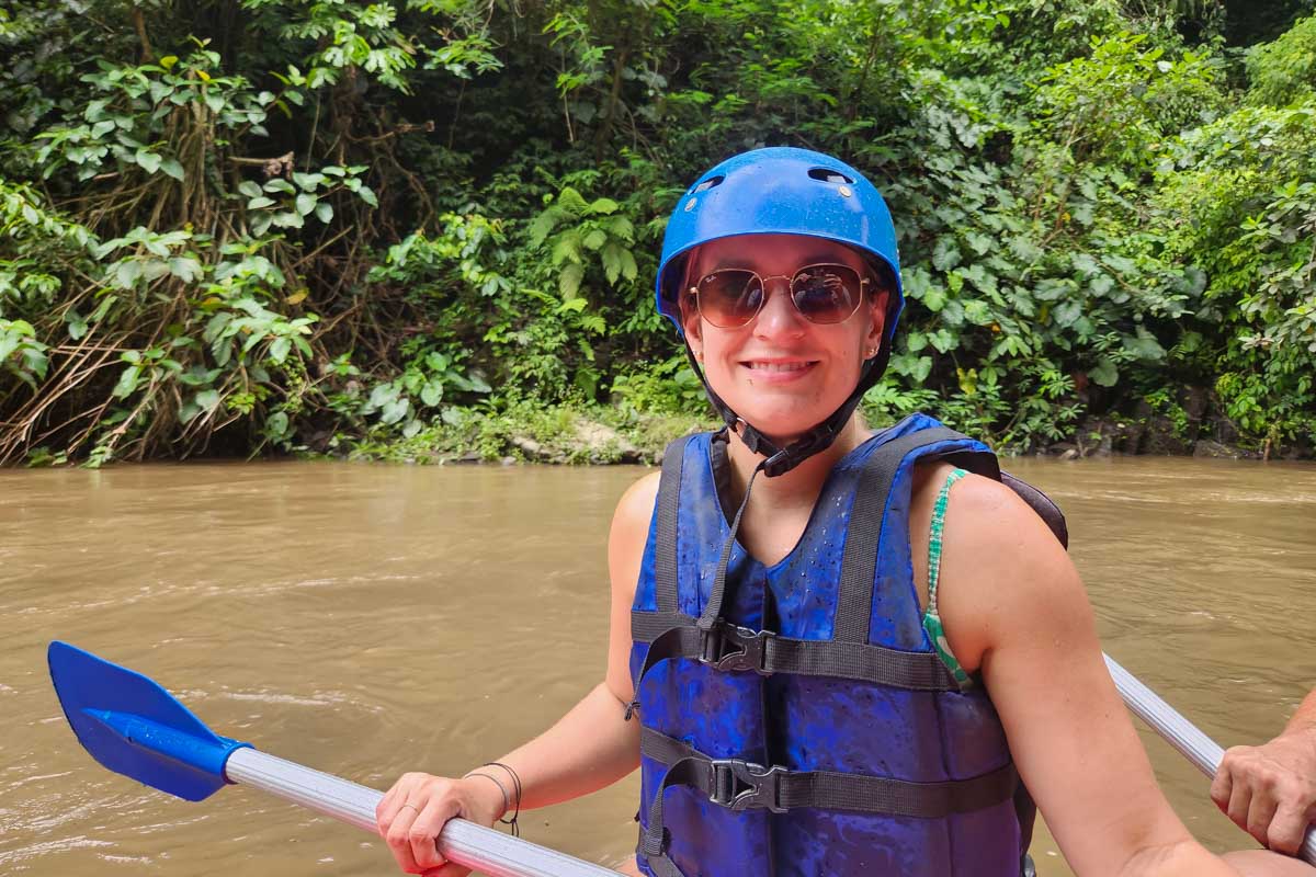 Bailey on a raft in the river in Bali