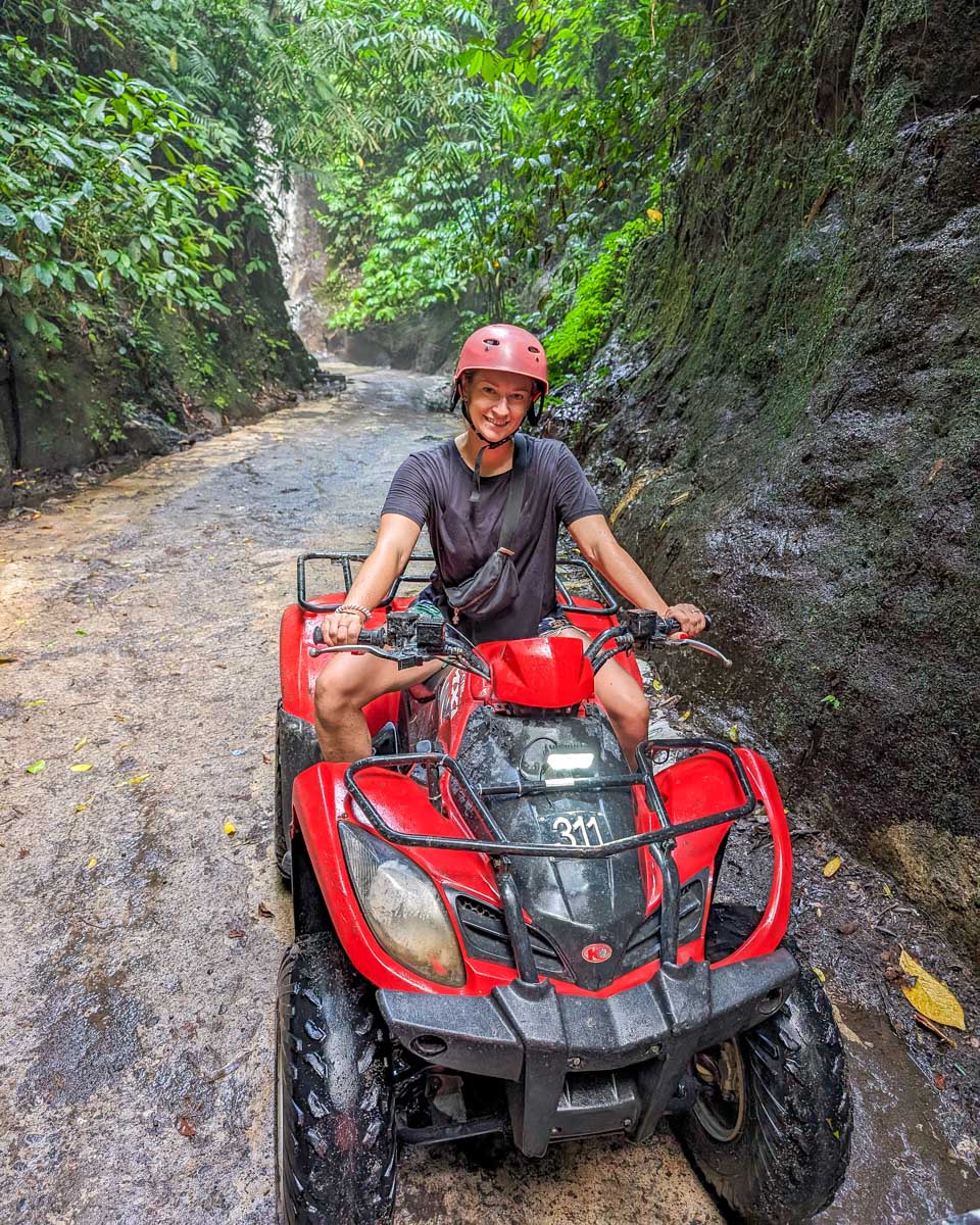 Bailey on an ATV in the jungle on an ATV tour in Bali