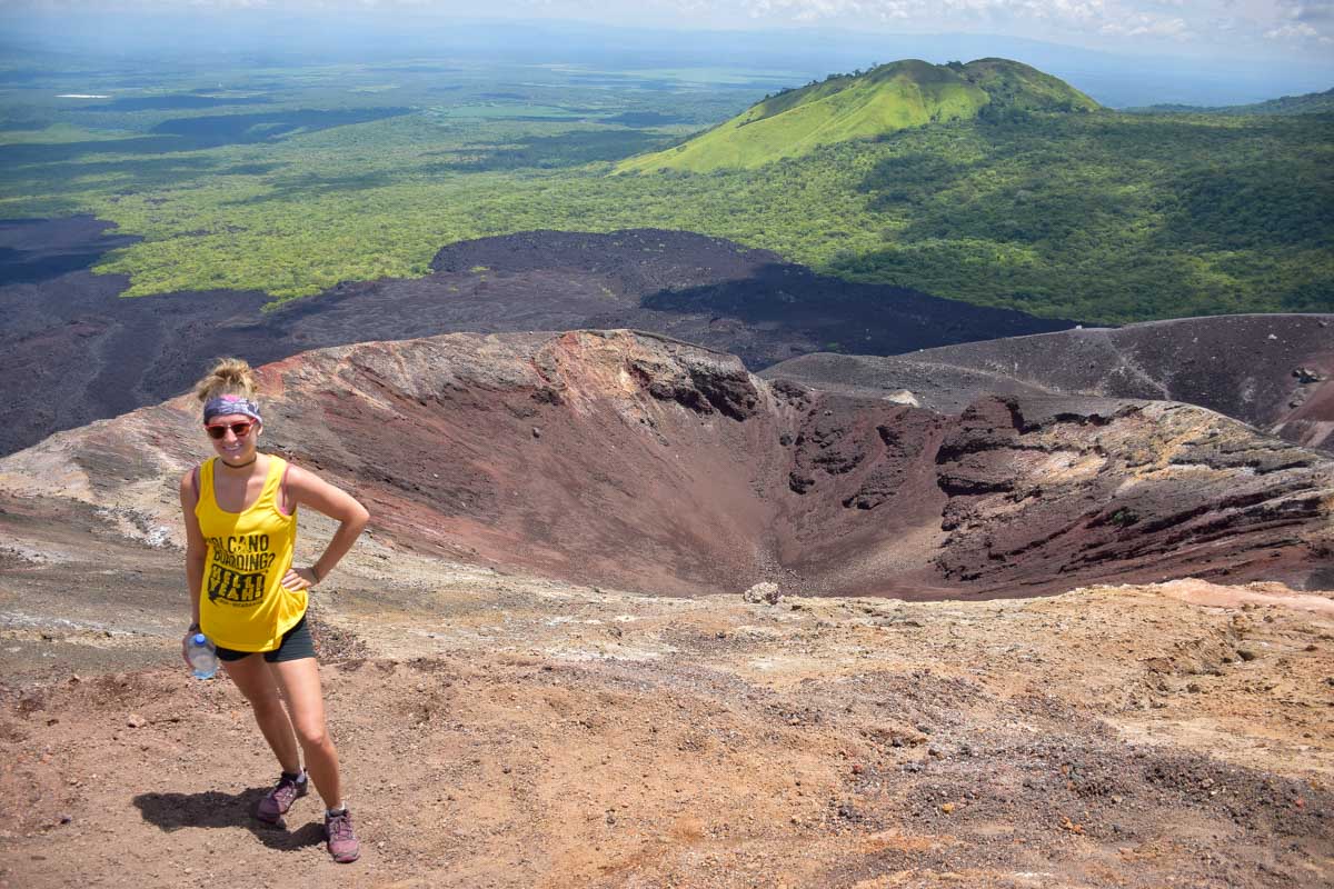 Bailey by the Cerro Negro crater while volcano boarding in Nicaragua