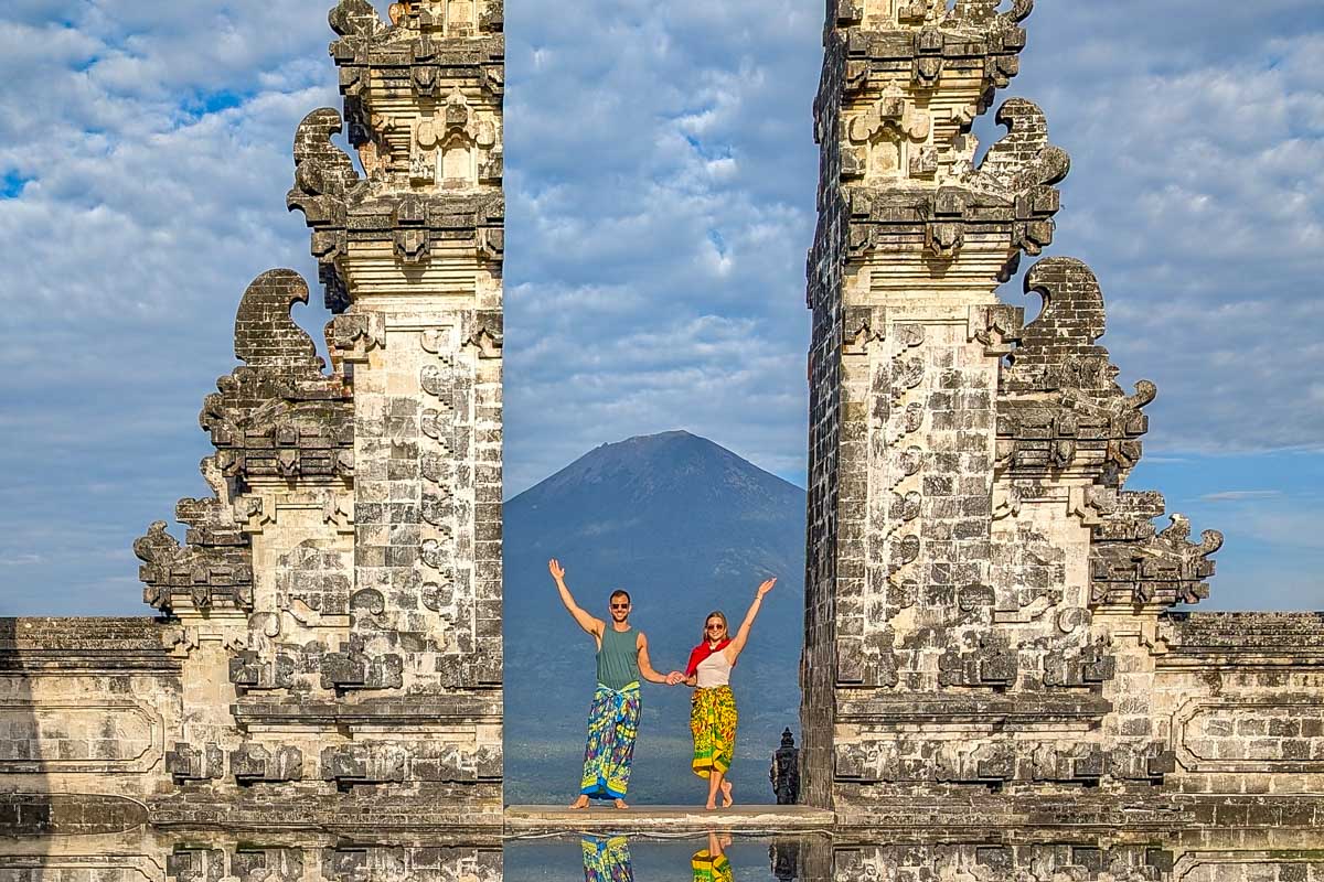 Daniel and Bailey at Lempuyang Temple in Bali on a waterfall tour