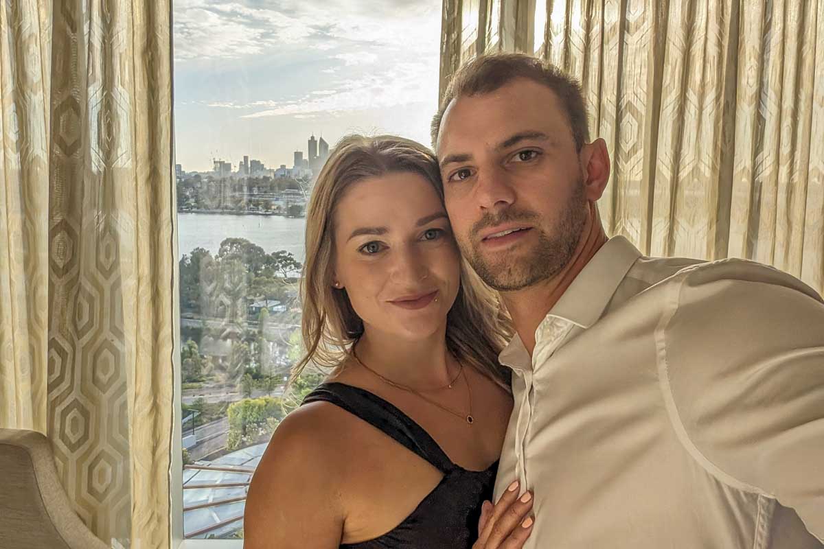 Daniel and Bailey in room at Crown Towers Perth Australia