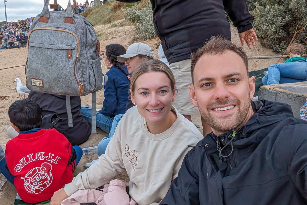 Daniel and Bailey take a selfie on the beach Phillip Island Australia