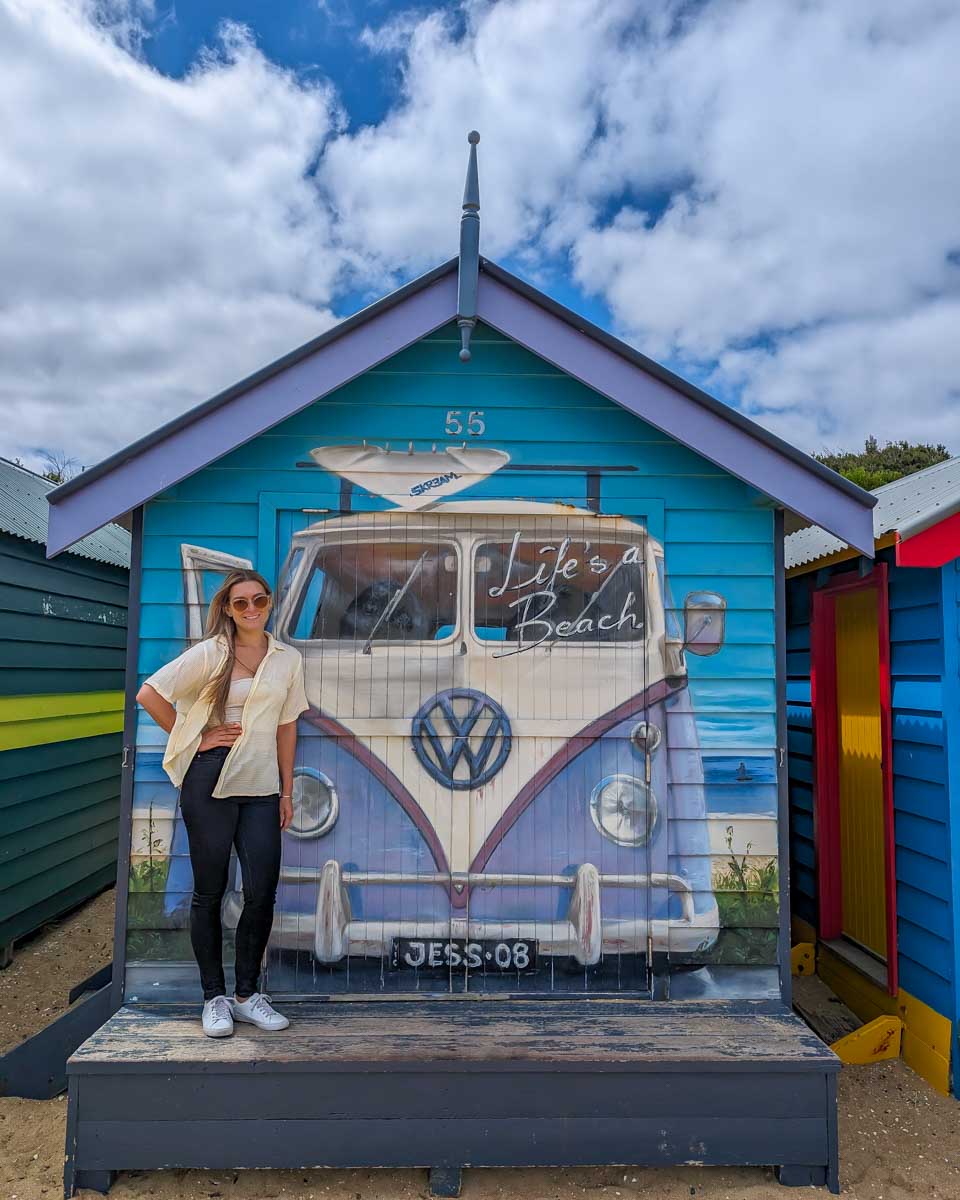 Bailey at the Brighton Beach Bathing Boxes on a tour to Phillip Island Australia