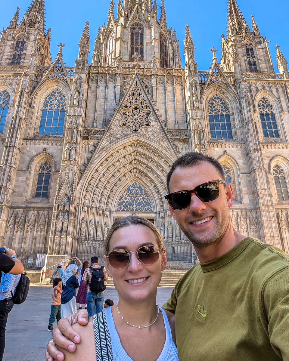 Daniel and Bailey take a selfie in front of Holy Cross Cathedral in Barcelona Spain