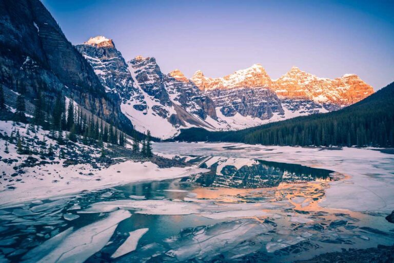 Frozen Moraine Lake in Banff National Park near Banff AB Canada