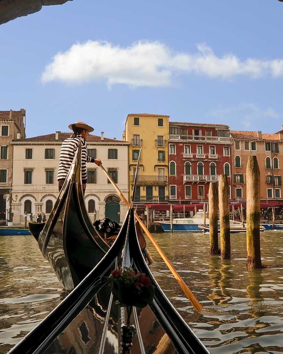In a boat on a canal in Venice Italy