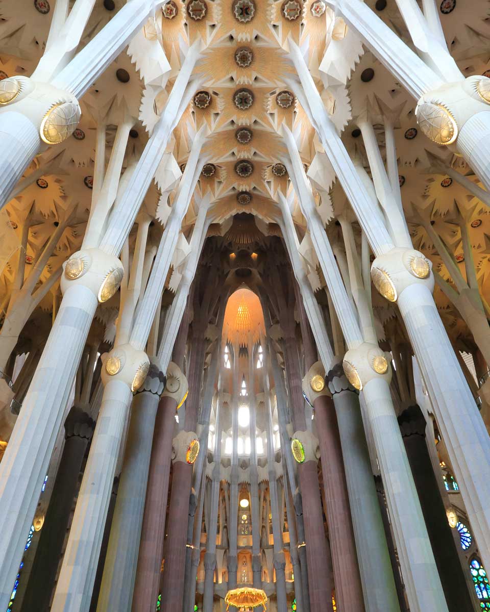 Inside of the Sagrada Familia in Barcelona Spain