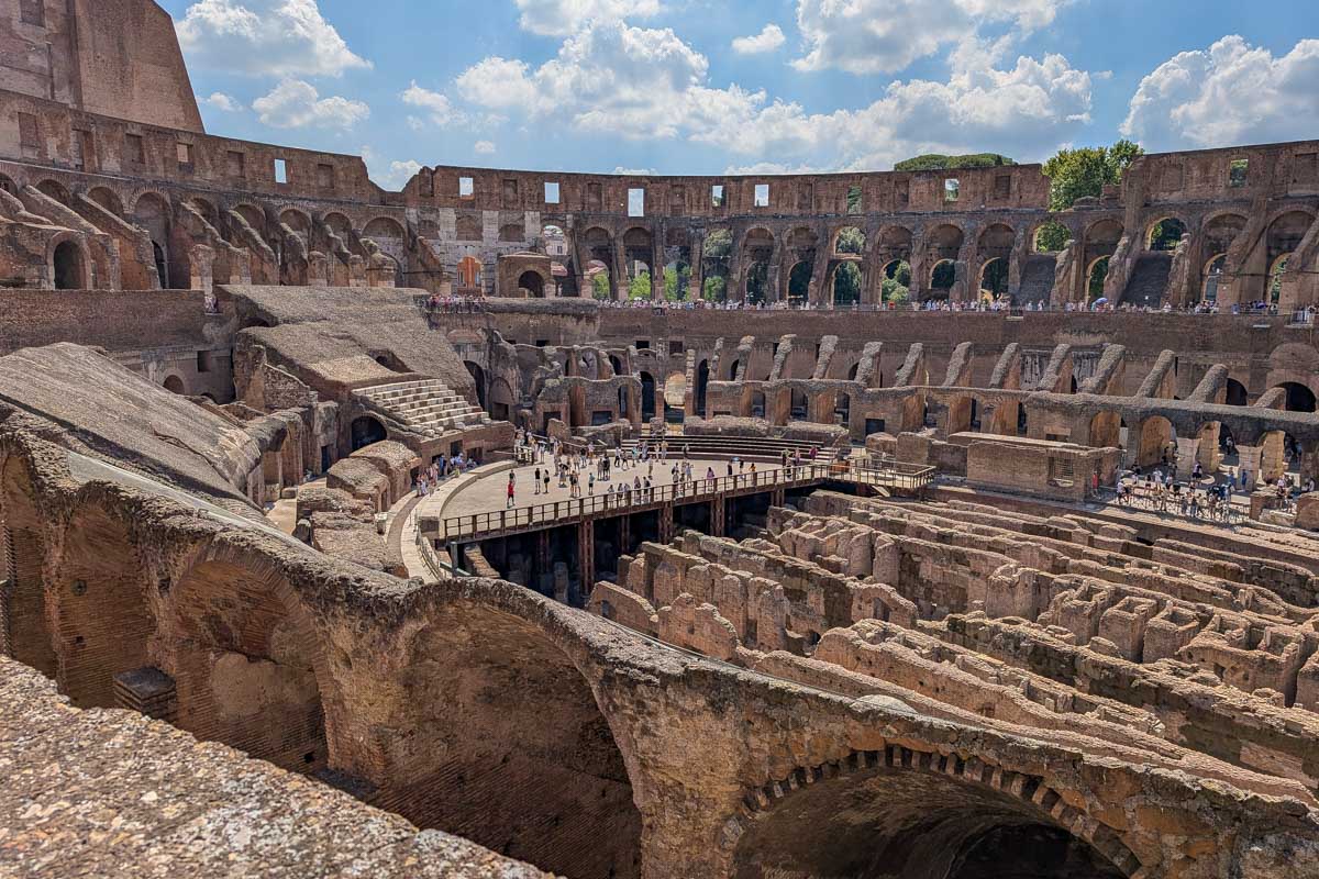 Looking down at the arena in the colosseum in Rome Italy