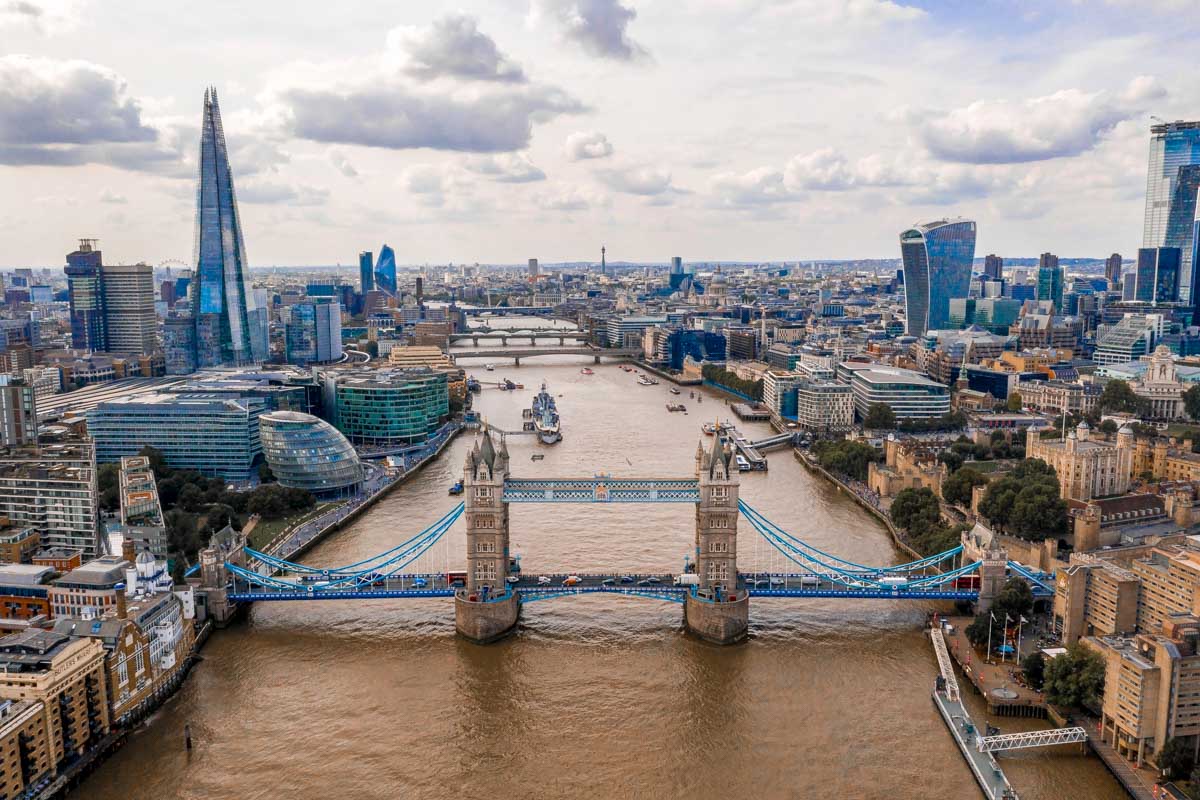 Overhead view of London England on a cloudy day
