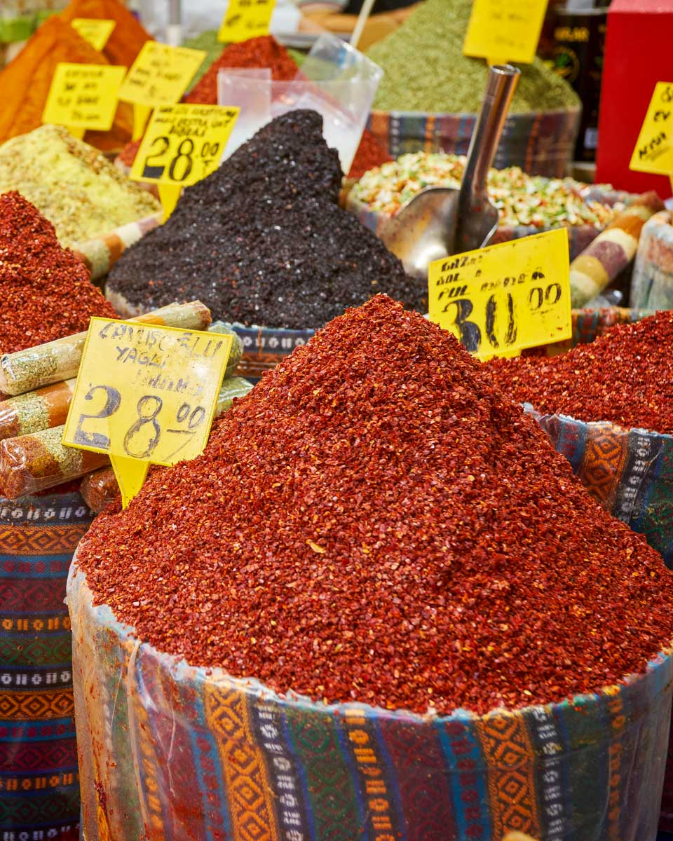 A market with spices seen on a food tour in Istanbul, Turkey