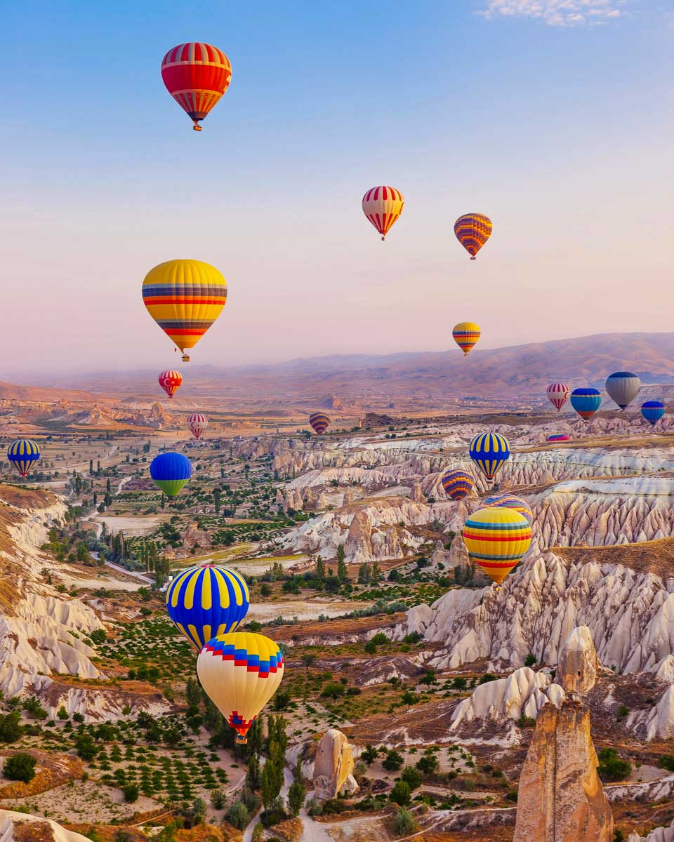 Hot air balloons flying over Cappadocia Turkey near Istanbul