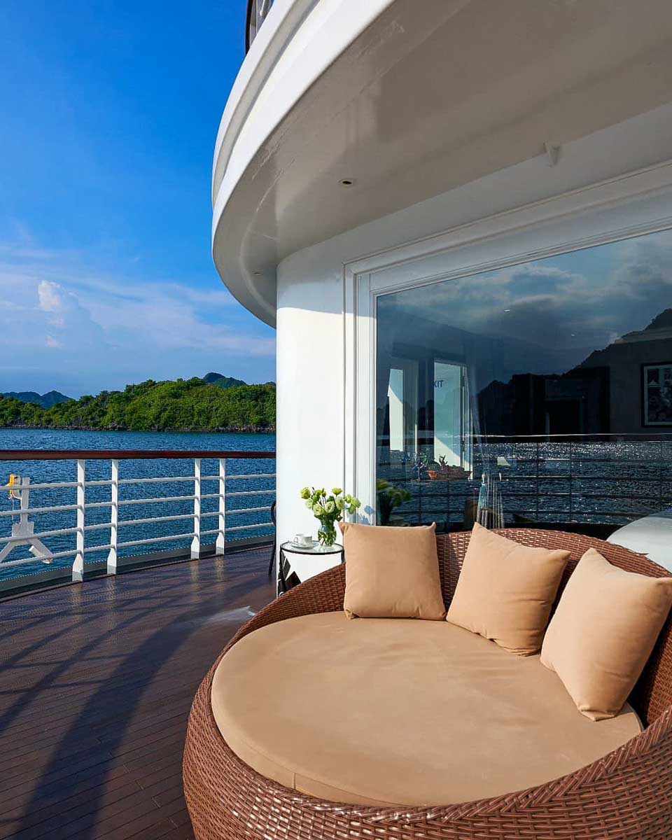 Paradise Elegance Cruises Halong private deck on a cruise in Ha Long Bay Vietnam
