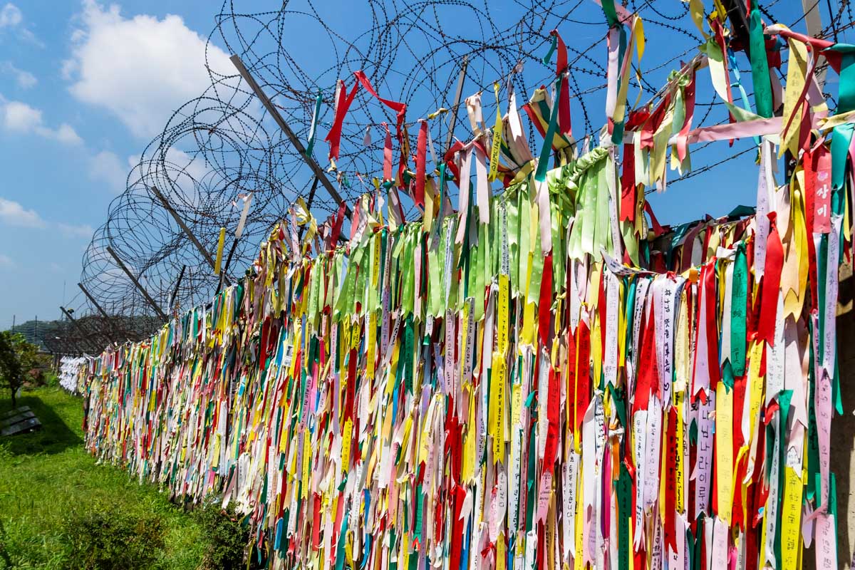 Wall of ribbons with prayers at the DMZ near Seoul South Korea