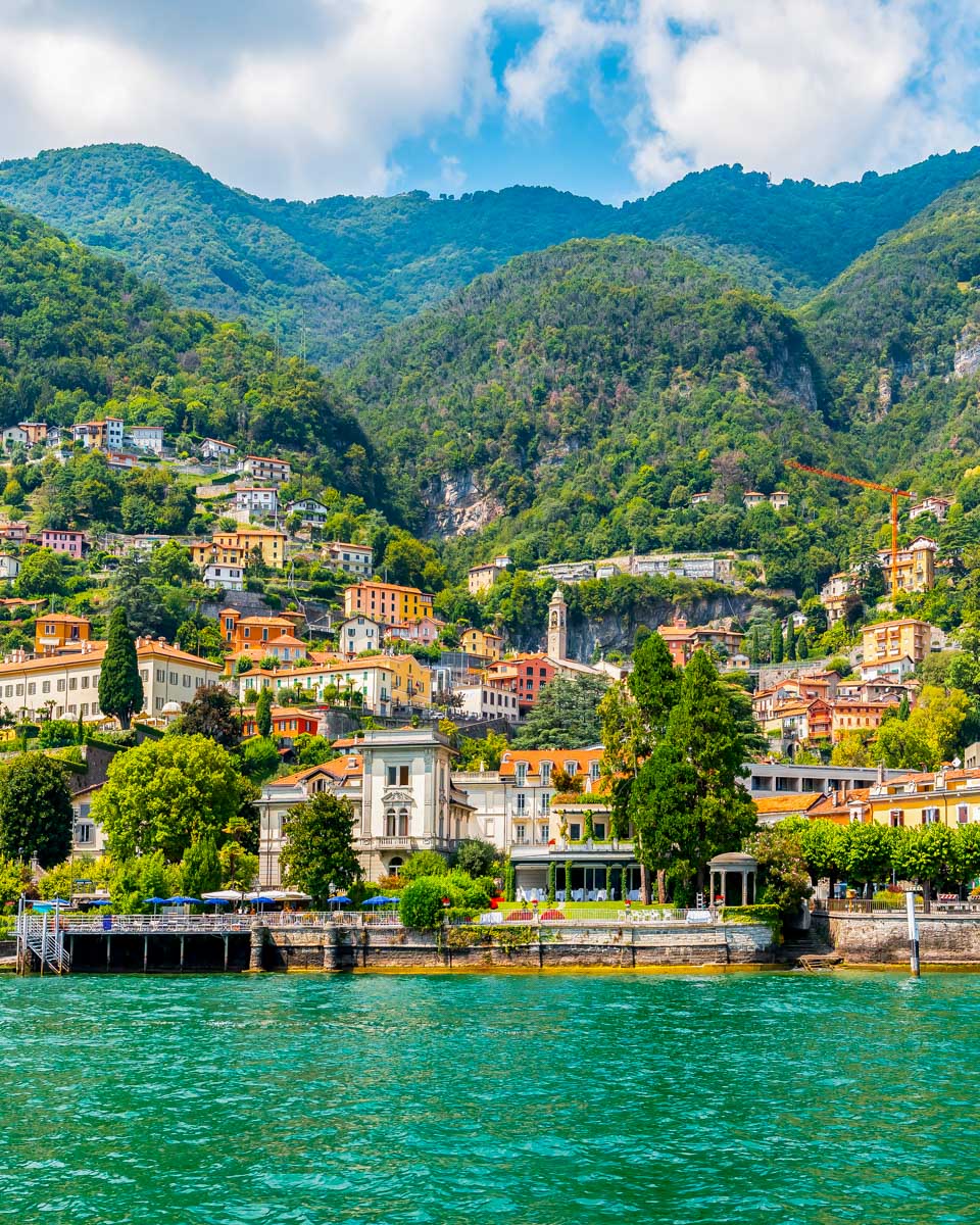 A village seen from a boat ride on Lake Como on a tour from Milan Italy