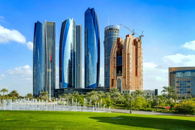 Abu Dhabi skyline seen from a park in Abu Dhabi