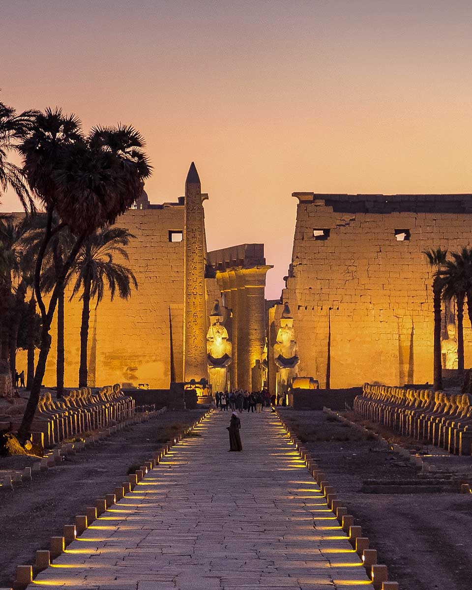 Avenue of Sphinxes at Luxor temple in the evening on a cruise to Luxor Egypt