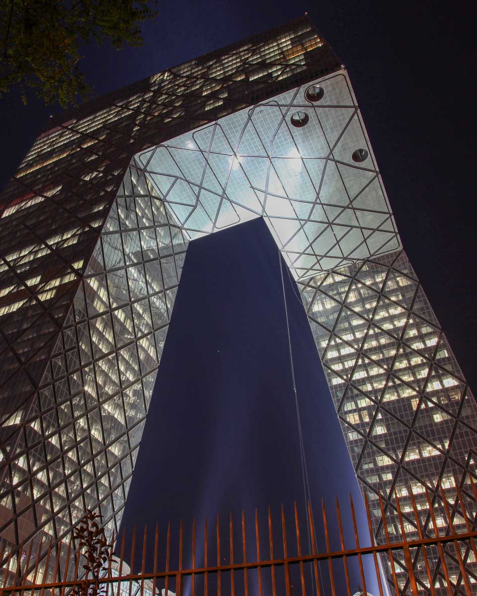 CCTV Headquarters seen at night on a tour in Beijing China